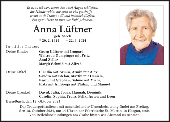 Traueranzeige von Anna Lüftner von Augsburg-Land