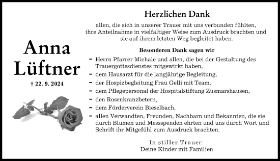 Traueranzeige von Anna Lüftner von Augsburg-Land