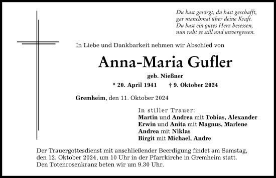 Traueranzeige von Anna-Maria Gufler von Donau Zeitung