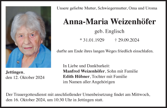 Traueranzeige von Anna-Maria Weizenhöfer von Günzburger Zeitung