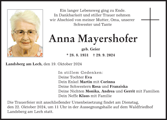 Traueranzeige von Anna Mayershofer von Landsberger Tagblatt