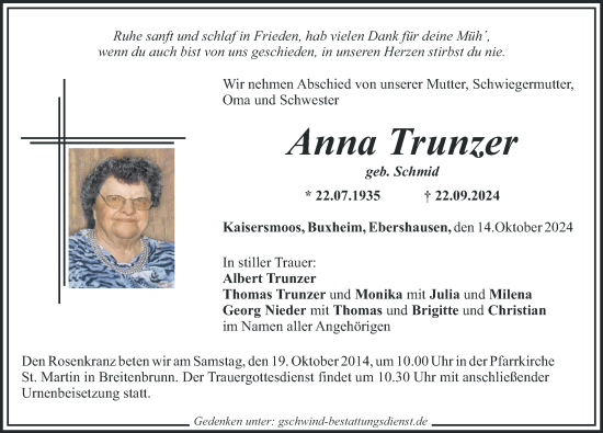 Traueranzeige von Anna Trunzer von Mindelheimer Zeitung