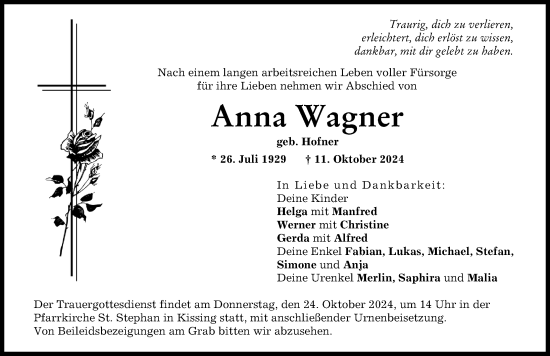 Traueranzeige von Anna Wagner von Friedberger Allgemeine