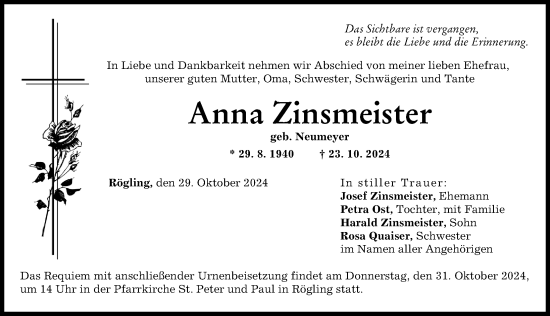 Traueranzeige von Anna Zinsmeister von Donauwörther Zeitung