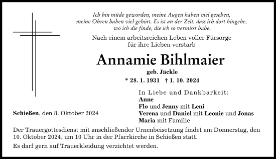 Traueranzeige von Annamie Bihlmaier von Neu-Ulmer Zeitung