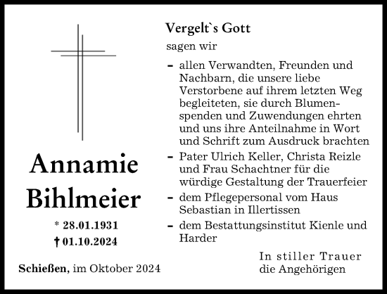 Traueranzeige von Annamie Bihlmeier von Neu-Ulmer Zeitung