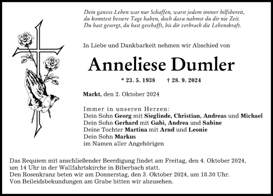 Traueranzeige von Anneliese Dumler von Wertinger Zeitung, Augsburg-Land