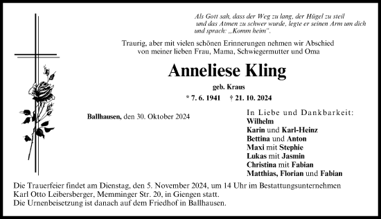 Traueranzeige von Anneliese Kling von Donau Zeitung