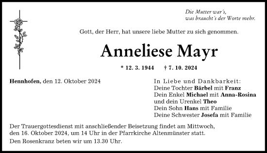 Traueranzeige von Anneliese Mayr von Augsburg-Land