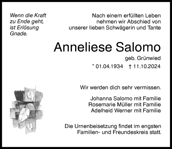 Traueranzeige von Anneliese Salomo von Augsburger Allgemeine, Neu-Ulmer Zeitung