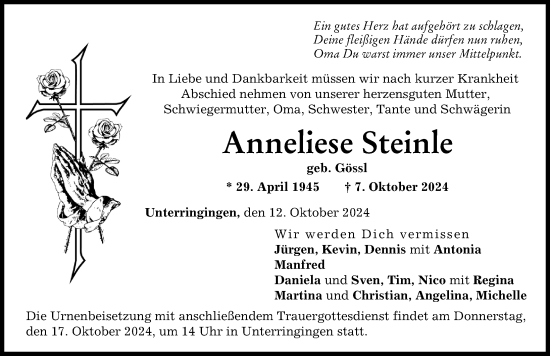 Traueranzeige von Anneliese Steinle von Donau Zeitung, Rieser Nachrichten