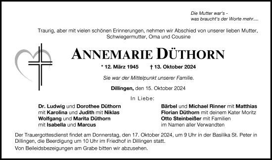 Traueranzeige von Annemarie Düthorn von Donau Zeitung