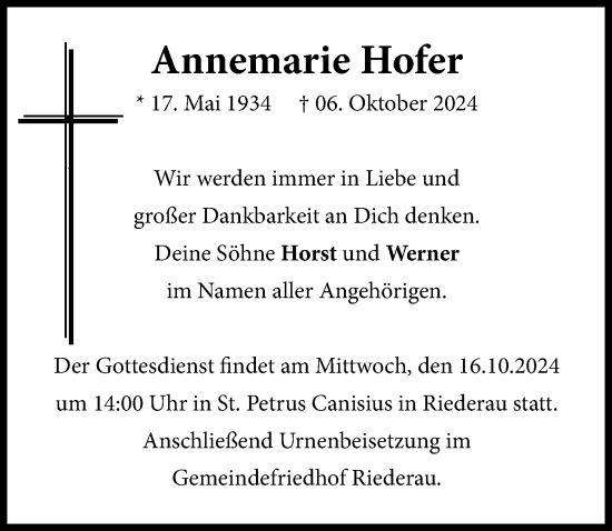 Traueranzeige von Annemarie Hofer von Landsberger Tagblatt
