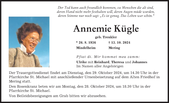 Traueranzeige von Annemie Kügle von Friedberger Allgemeine