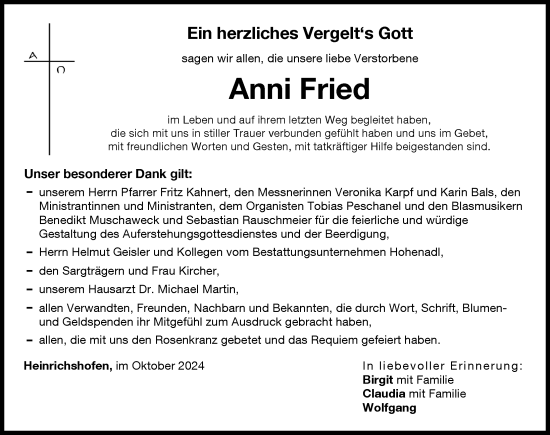 Traueranzeige von Anni Fried von Landsberger Tagblatt