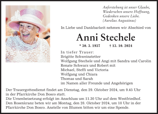 Traueranzeige von Anni Stechele von Augsburger Allgemeine