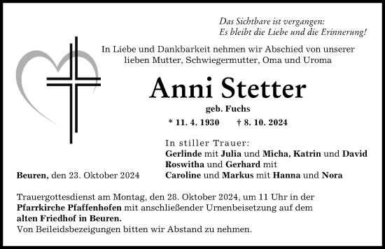 Traueranzeige von Anni Stetter von Neu-Ulmer Zeitung