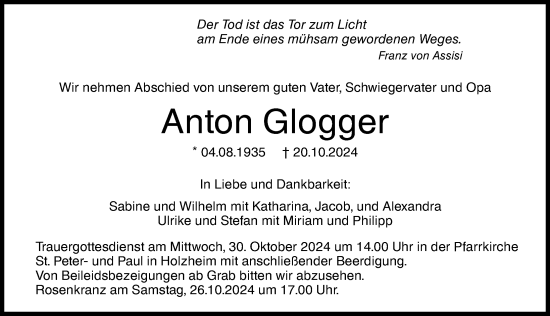 Traueranzeige von Anton Glogger von Augsburger Allgemeine, Neu-Ulmer Zeitung