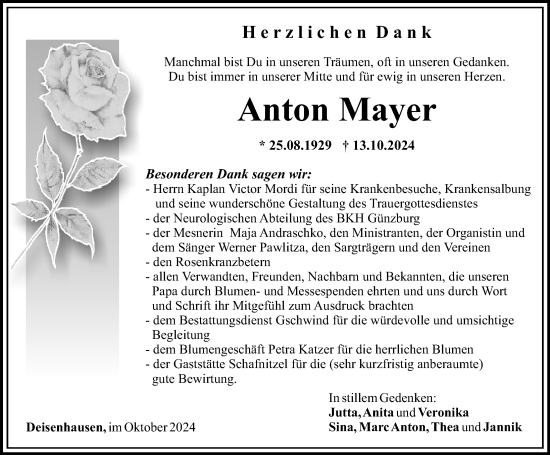 Traueranzeige von Anton Mayer von Mittelschwäbische Nachrichten
