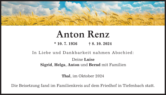 Traueranzeige von Anton Renz von Neu-Ulmer Zeitung