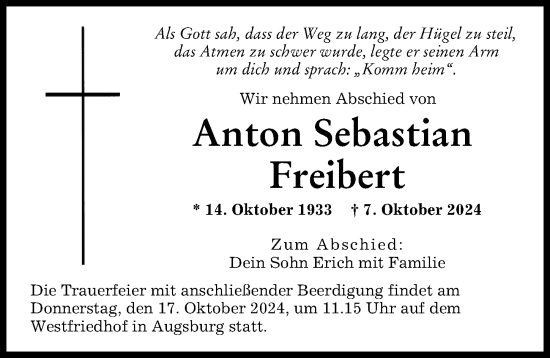 Traueranzeige von Anton Sebastian Freibert von Augsburger Allgemeine