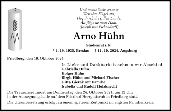 Traueranzeige von Arno Hühn von Friedberger Allgemeine
