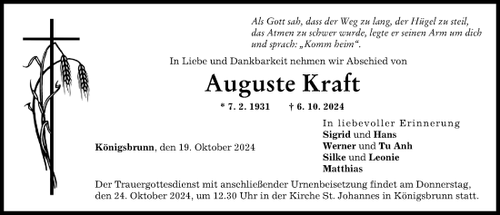 Traueranzeige von Auguste Kraft von Schwabmünchner Allgemeine