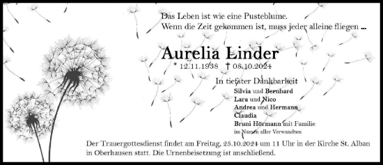 Traueranzeige von Aurelia Linder von Neu-Ulmer Zeitung