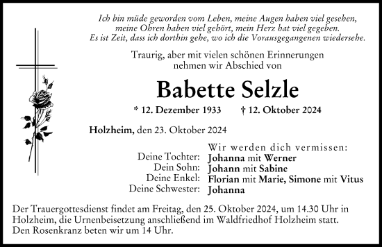 Traueranzeige von Babette Selzle von Donau Zeitung