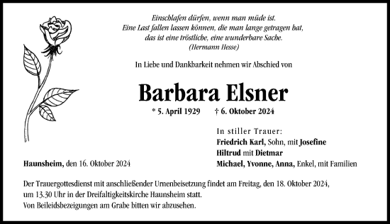 Traueranzeige von Barbara Elsner von Donau Zeitung