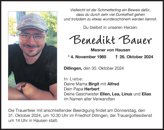 Traueranzeige von Benedikt Bauer von Donau Zeitung