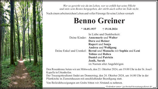 Traueranzeige von Benno Greiner von Augsburg-Land, Mittelschwäbische Nachrichten