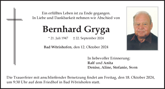 Traueranzeige von Bernhard Gryga von Mindelheimer Zeitung