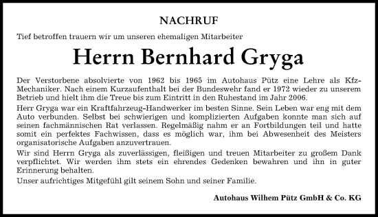 Traueranzeige von Bernhard Gryga von Mindelheimer Zeitung