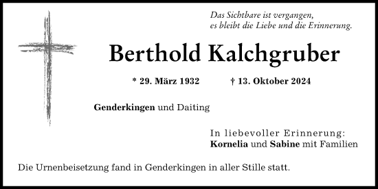 Traueranzeige von Berthold Kalchgruber von Donauwörther Zeitung