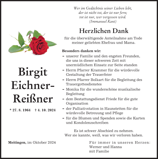 Traueranzeige von Birgit Eichner-Reißner von Augsburger Allgemeine