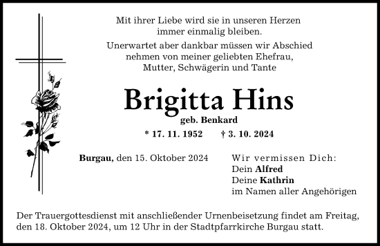 Traueranzeige von Brigitta Hins von Günzburger Zeitung