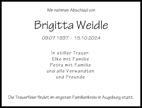 Traueranzeige von Brigitta Weidle von Augsburger Allgemeine