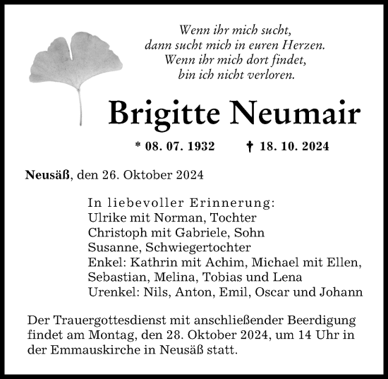 Traueranzeige von Brigitte Neumair von Augsburger Allgemeine