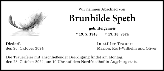 Traueranzeige von Brunhilde Speth von Augsburger Allgemeine