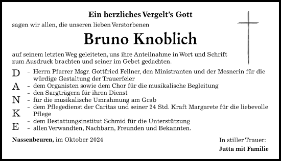 Traueranzeige von Bruno Knoblich von Mindelheimer Zeitung