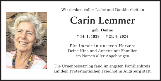 Traueranzeige von Carin Lemmer von Augsburger Allgemeine