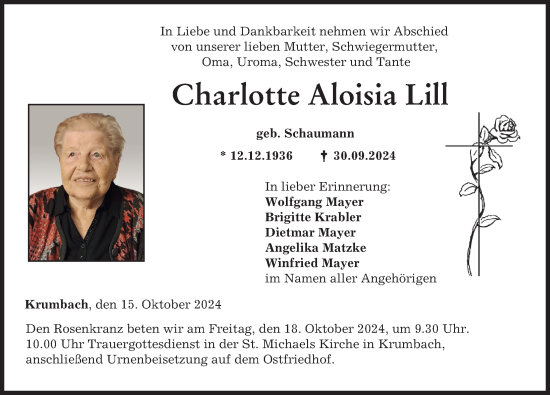 Traueranzeige von Charlotte Aloisia Lill von Mittelschwäbische Nachrichten