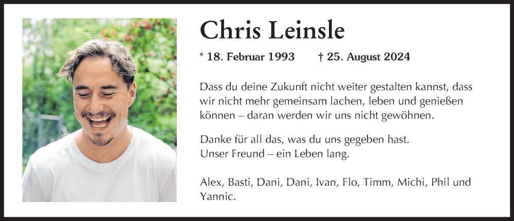 Traueranzeige für Chris Leinsle vom 05.10.2024 aus Mindelheimer Zeitung