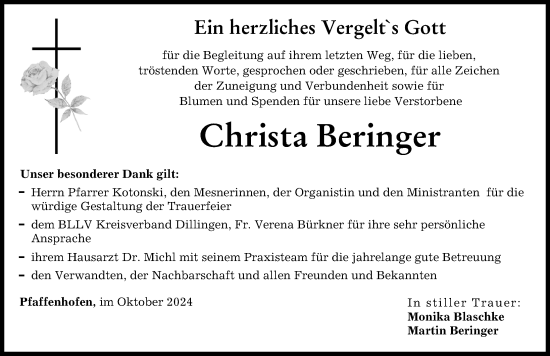 Traueranzeige von Christa Beringer von Wertinger Zeitung