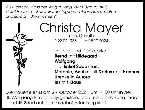 Traueranzeige von Christa Mayer von Donau Zeitung