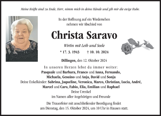 Traueranzeige von Christa Saravo von Donau Zeitung