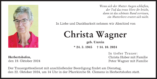 Traueranzeige von Christa Wagner von Augsburger Allgemeine