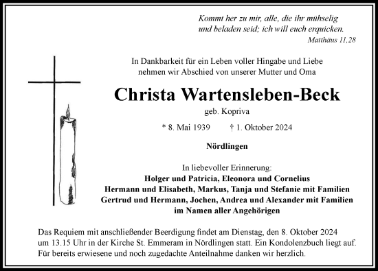 Traueranzeige von Christa Wartensleben-Beck von Rieser Nachrichten