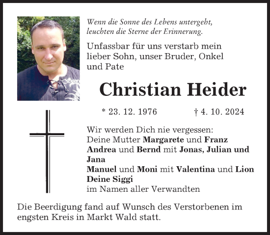 Traueranzeige von Christian Heider von Mindelheimer Zeitung